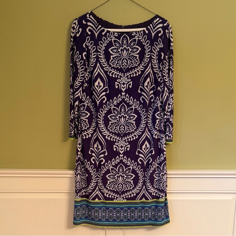 Vince Camuto Women Navy Paisley Print Jersey Dress 3/4 Sleeves Fully Lined Sz 10